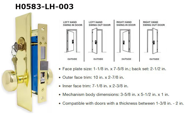 H0583LH - Patio Glass Door Handles (Mortise Type)                     