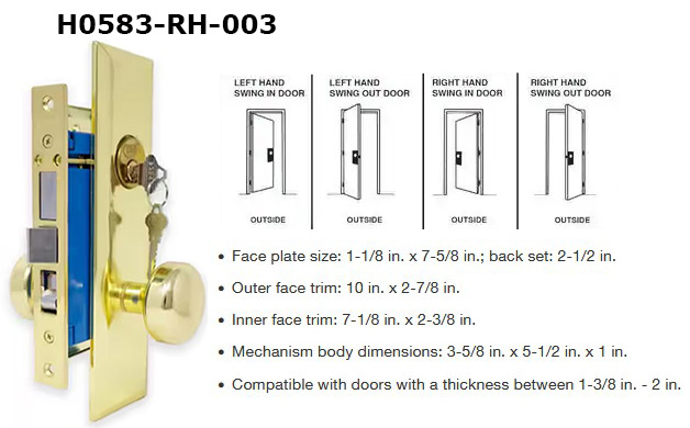 H0583RH - Patio Glass Door Handles (Mortise Type)                     